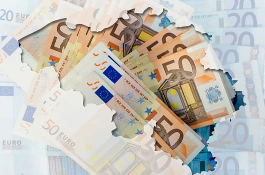 Outlined map of Belgium with transparent background of euro banknotes