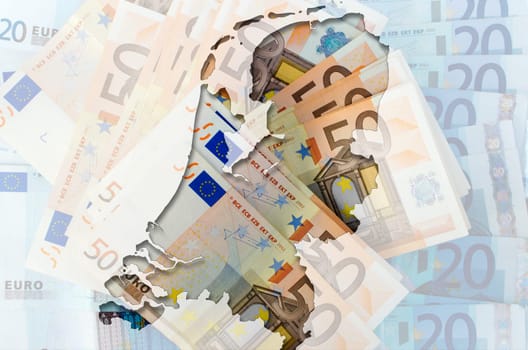 Outlined map of Netherlands with transparent background of euro banknotes