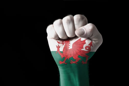 Low key picture of a fist painted in colors of wales flag