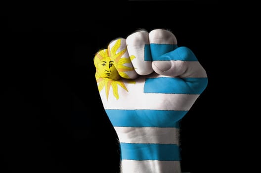 Low key picture of a fist painted in colors of uruguay flag