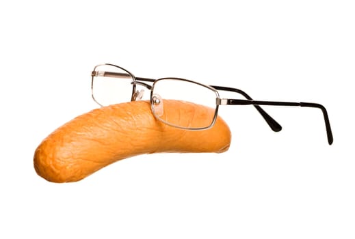 Sausage with glasses isolated on white background
