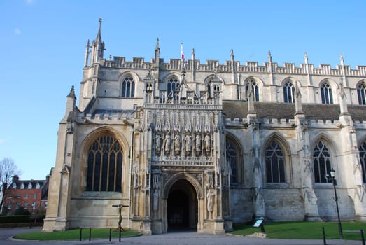 famous entrance of Gloucester Cathedral with sculptures, England (United Kingdom)