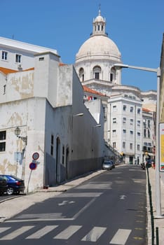 birds eye view of the famous Pantheon or Santa Engracia church in Lisbon, Portugal (blue sky background)