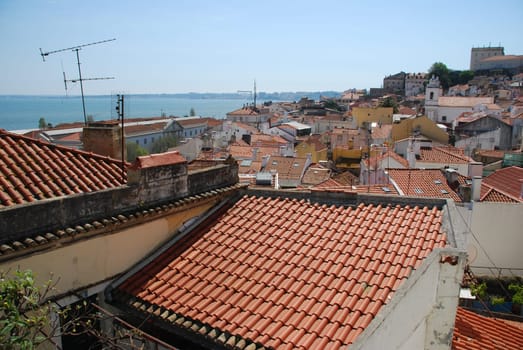 beautiful Alfama downtown view with Tagus river on background in Lisbon, Portugal