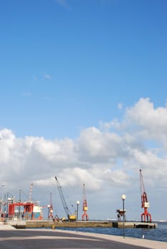 beautiful view to Lisbon&#039 s shipyard along the Tagus river (Portugal)