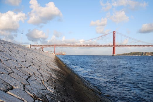 view of old Salazar bridge in Lisbon, Portugal