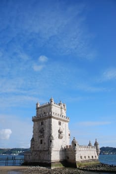 view of Belem Tower, one the most famous landmark in the city of Lisbon (Portugal)