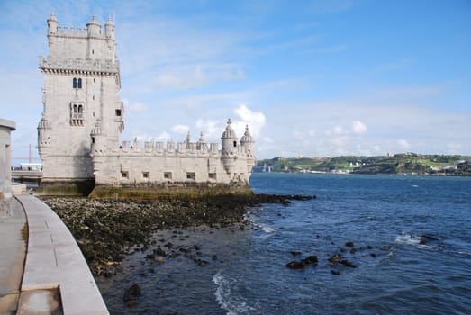 view of Belem Tower, one the most famous landmark in the city of Lisbon (Portugal)