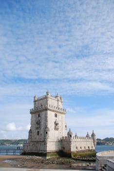 view of Belem Tower, one the most famous landmark in the city of Lisbon (Portugal)
