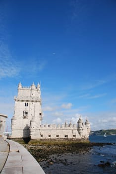 view of Belem Tower, one the most famous landmark in the city of Lisbon (Portugal)