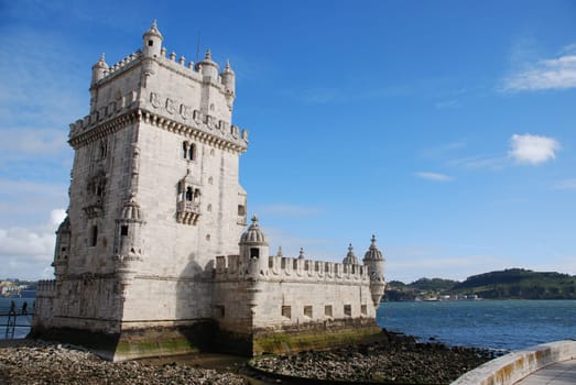 view of Belem Tower, one the most famous landmark in the city of Lisbon (Portugal)