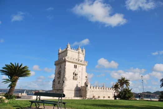 view of Belem Tower, one the most famous landmark in the city of Lisbon (Portugal)