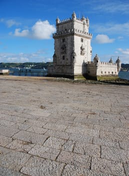 view of Belem Tower, one the most famous landmark in the city of Lisbon (Portugal)