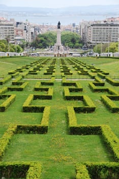 beautiful view of Eduardo VII park, Marques do Pombal square and Tagus river on the background, Lisbon (Portugal)