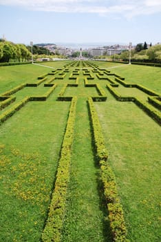 beautiful view of Eduardo VII park, Marques do Pombal square and Tagus river on the background, Lisbon (Portugal)