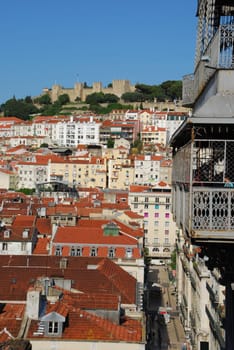 beautiful cityscape of Lisbon with Sao Jorge Castle and Santa Justa Elevator, Portugal