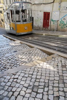 antique and typical Bica elevator tram in the capital of Portugal, Lisbon