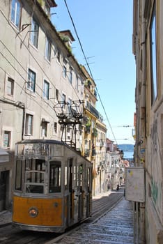 antique and typical Bica elevator tram in the capital of Portugal, Lisbon