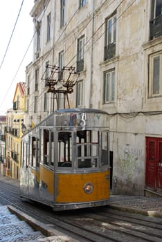 antique and typical Bica elevator tram in the capital of Portugal, Lisbon