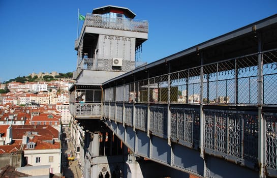 beautiful cityscape of Lisbon with Sao Jorge Castle and Santa Justa Elevator, Portugal