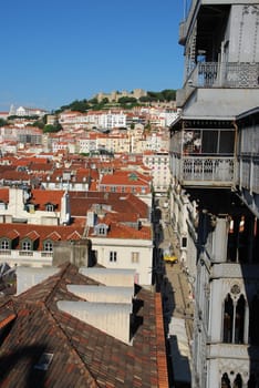 beautiful cityscape of Lisbon with Sao Jorge Castle and Santa Justa Elevator, Portugal