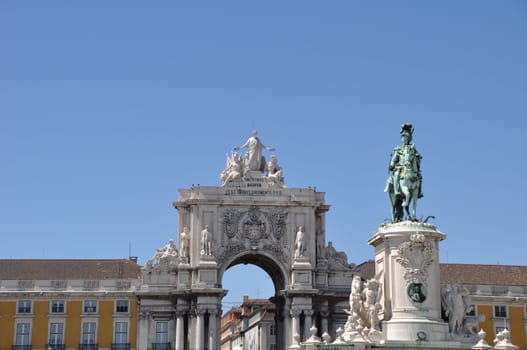 famous Commerce Square also known as Terreiro do Paço in Lisbon, Portugal (statue of King José I in the center)