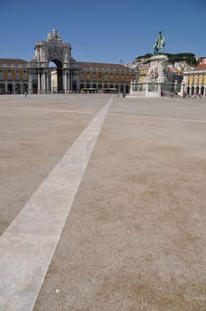 famous Commerce Square also known as Terreiro do Paço in Lisbon, Portugal (statue of King José I in the center)
