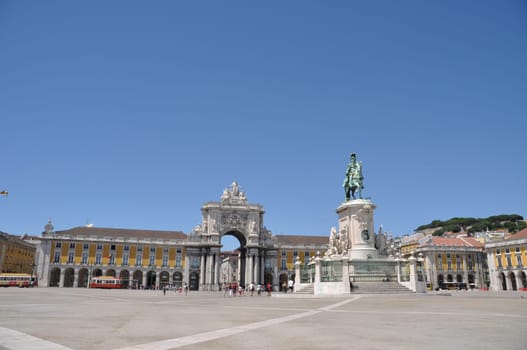 famous Commerce Square also known as Terreiro do Paço in Lisbon, Portugal (statue of King José I in the center)