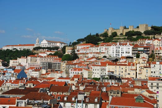 beautiful cityscape of Lisbon with Graça Church and Sao Jorge Castle, Portugal (from left to right)