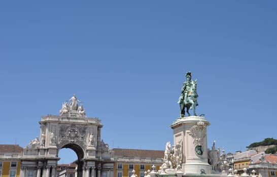 famous Commerce Square also known as Terreiro do Paço in Lisbon, Portugal (statue of King José I in the center)