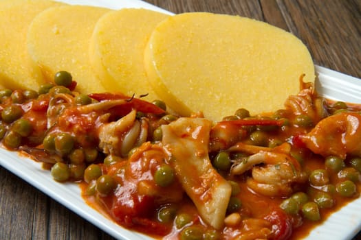 polenta with cuttlefish and peas