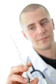 Male Nurse or Doctor with syringe in hand isolated on white background