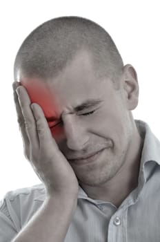 young men holding head in pain isolated on white background