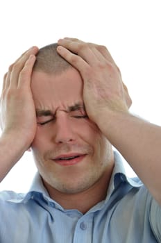 young men holding head in pain over white background