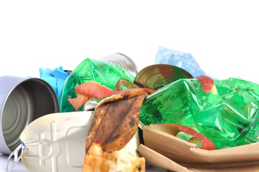 mixed trash closeup on white background