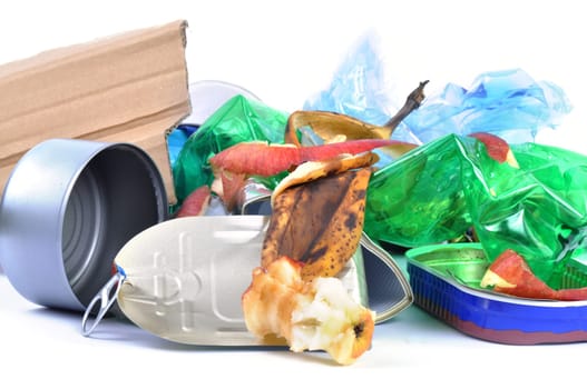 mixed trash closeup on white background