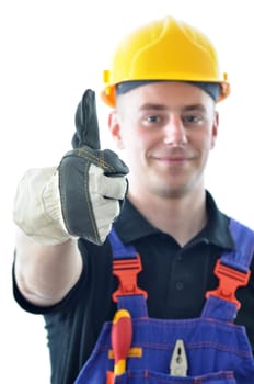 Worker with thumb up hand gesture isolated on white backround.