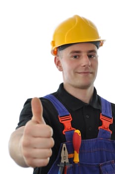 worker with thumb up hand gesture isolated on white backround.