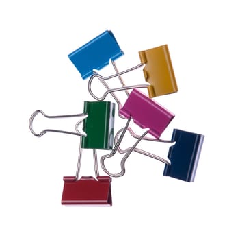 colorful binder clips isolated on white background