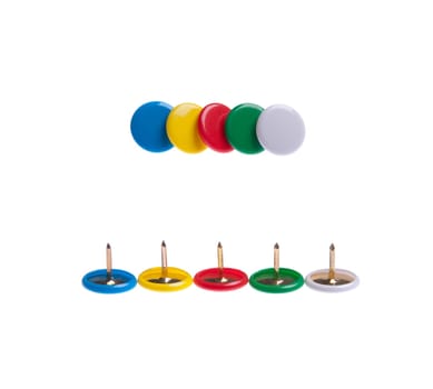 colored push pins (front and back) isolated on white background