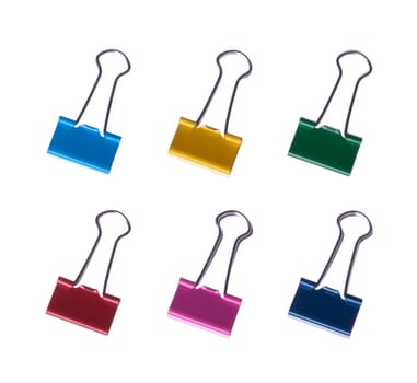 set of colored binder clips isolated on white background