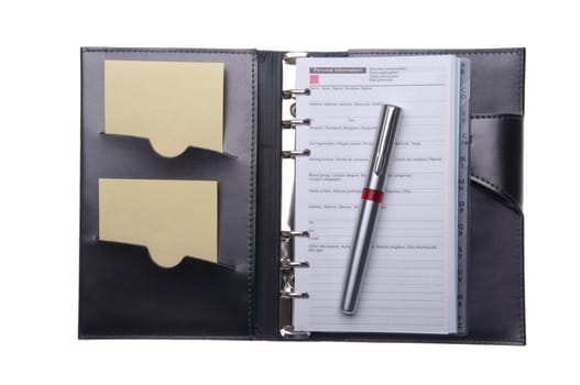 business leather agenda with sticky notes and pen (isolated on white background)