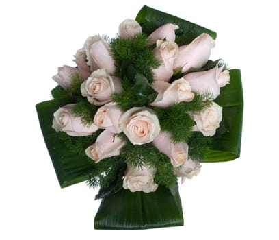gorgeous bouquet of pink roses isolated on white background (from above)