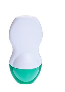 white and green roll-on deodorant bottle isolated on white background