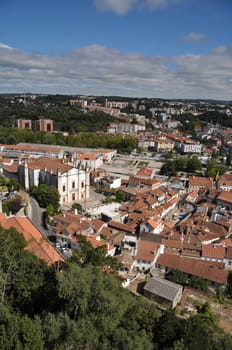Leiria Sé cathedral (from the XVI century) and cityscape view of Leiria, Portugal (blue sky)