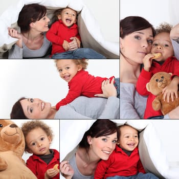 a mother and his 2 years old son playing together