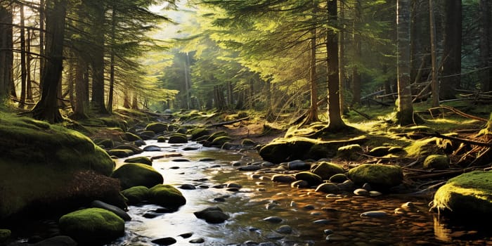 A breathtaking forest river panorama, with rays of light shining through the trees, illuminating the serene landscape