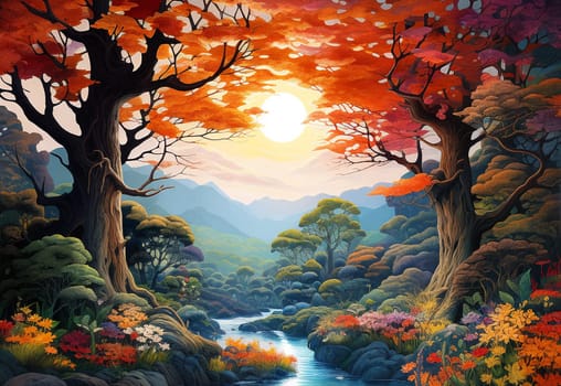 A stunning autumn landscape with a red tree, tropical mountain flowers, and a river panorama. The light shining through the trees creates a beautiful ambiance