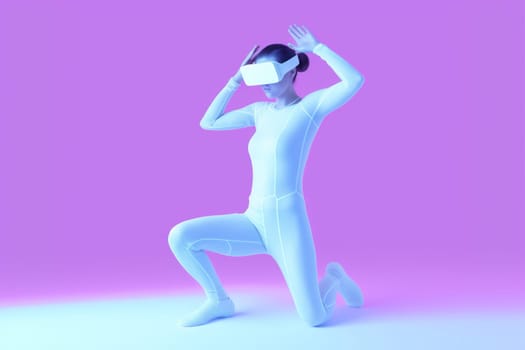 virtual woman entertainment lifestyle sport background gadget metaverse vr reality floating blue tech glasses innovation game cyber neon digital connect three-dimensional. Generative AI.