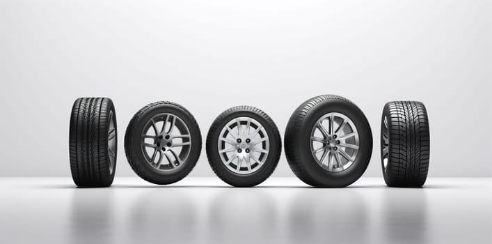 set car object automobile tyre shop wheel closeup rim isolated disc rubber black auto background sport race equipment stack vehicle tire. Generative AI.